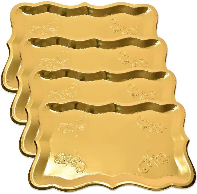 Main image of 10 Gold Rectangle Trays for Dessert Display Table Parties 9" x 13" Disposable Paper Cardboard in Elegant Shape for Platters Cupcake Birthday Parties Dessert Weddings and More Food Safe