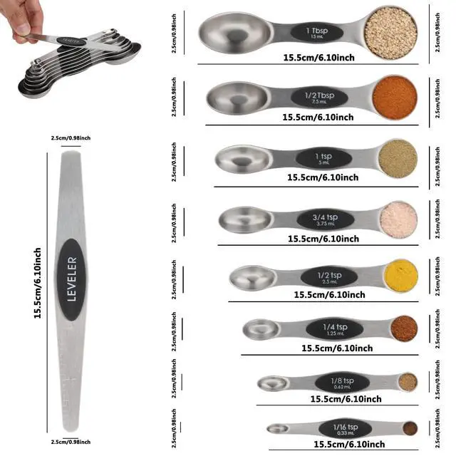 Alt view image 2 of 6 - Measuring Spoon Set of 9 Magnetic Measuring Spoons Dual Sided Stainless Steel Measuring Spoons Stackable Nesting Tablespoon Teaspoon, Fits in Spice Jars, for Dry or Liquid Ingredients