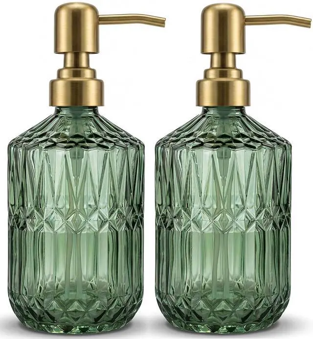 Main image of 2-Pack Green Hand Soap Dispenser with Gold Stainless Steel Pump, Refillable Glass Soap Dispenser for Bathroom, Vintage Kitchen Soap Dispenser for Liquid Hand Soap, Lotion, Body Wash (14 OZ)