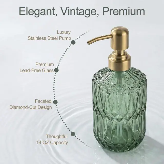 Alt view image 2 of 7 - 2-Pack Green Hand Soap Dispenser with Gold Stainless Steel Pump, Refillable Glass Soap Dispenser for Bathroom, Vintage Kitchen Soap Dispenser for Liquid Hand Soap, Lotion, Body Wash (14 OZ)