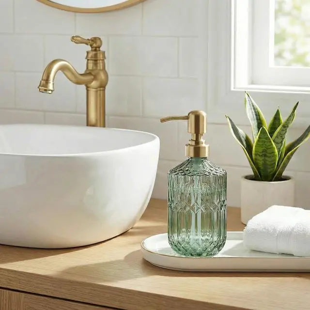 Alt view image 4 of 7 - 2-Pack Green Hand Soap Dispenser with Gold Stainless Steel Pump, Refillable Glass Soap Dispenser for Bathroom, Vintage Kitchen Soap Dispenser for Liquid Hand Soap, Lotion, Body Wash (14 OZ)