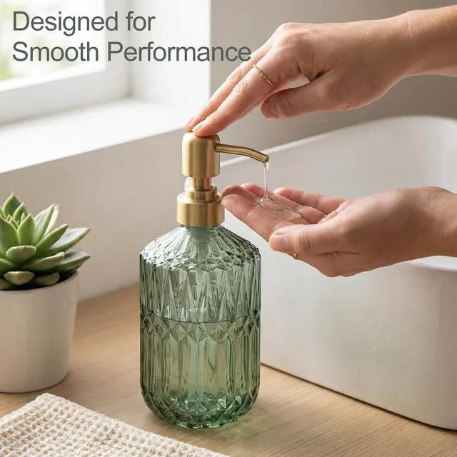 Alt view image 5 of 7 - 2-Pack Green Hand Soap Dispenser with Gold Stainless Steel Pump, Refillable Glass Soap Dispenser for Bathroom, Vintage Kitchen Soap Dispenser for Liquid Hand Soap, Lotion, Body Wash (14 OZ)