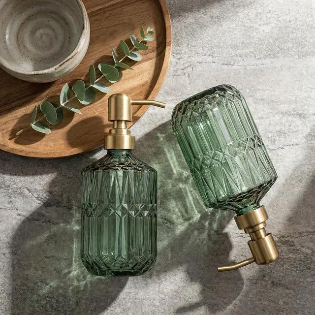 Alt view image 6 of 7 - 2-Pack Green Hand Soap Dispenser with Gold Stainless Steel Pump, Refillable Glass Soap Dispenser for Bathroom, Vintage Kitchen Soap Dispenser for Liquid Hand Soap, Lotion, Body Wash (14 OZ)