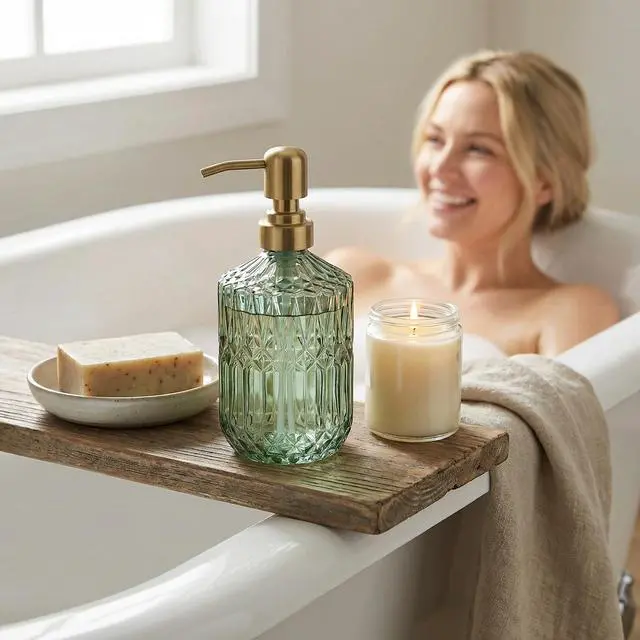 Alt view image 7 of 7 - 2-Pack Green Hand Soap Dispenser with Gold Stainless Steel Pump, Refillable Glass Soap Dispenser for Bathroom, Vintage Kitchen Soap Dispenser for Liquid Hand Soap, Lotion, Body Wash (14 OZ)