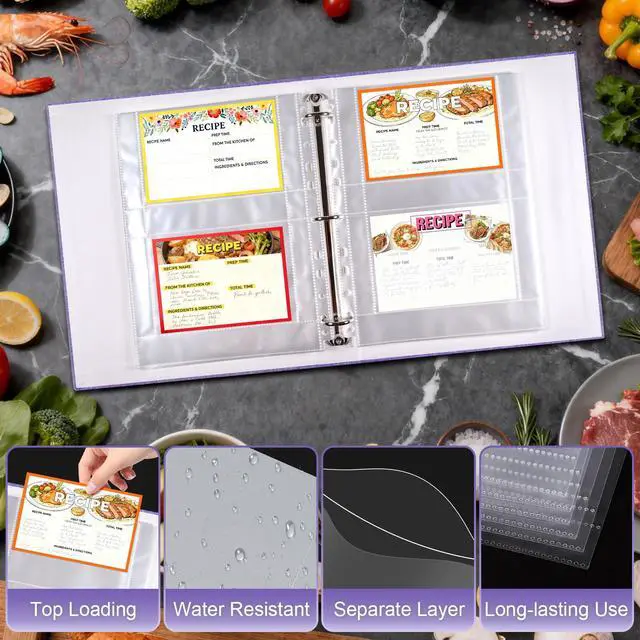 Alt view image 4 of 7 - 60 Pack 240 Pockets 4x6 Recipe Card Sleeves,3 Ring Binder Recipe Card Protector Pages,Double Sided 2 Pocket Refill Sheets for Recipe Book, 8.5x11 Inch Top Loading Clear Sleeve Sheets