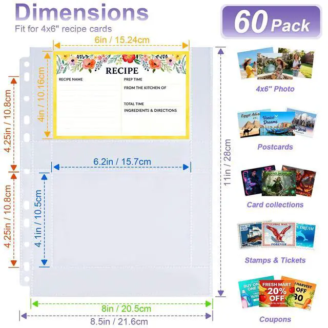 Alt view image 2 of 7 - 60 Pack 240 Pockets 4x6 Recipe Card Sleeves,3 Ring Binder Recipe Card Protector Pages,Double Sided 2 Pocket Refill Sheets for Recipe Book, 8.5x11 Inch Top Loading Clear Sleeve Sheets