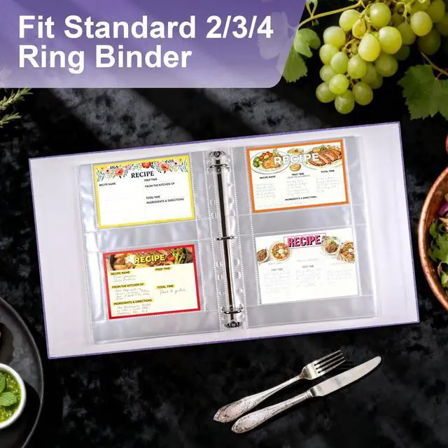 Alt view image 6 of 7 - 60 Pack 240 Pockets 4x6 Recipe Card Sleeves,3 Ring Binder Recipe Card Protector Pages,Double Sided 2 Pocket Refill Sheets for Recipe Book, 8.5x11 Inch Top Loading Clear Sleeve Sheets
