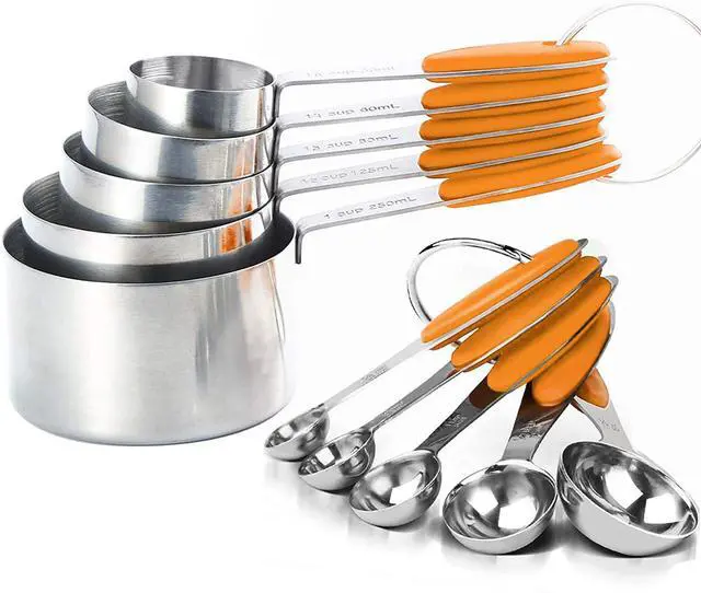Main image of SEEK42 Measuring Spoons and Cups Set of 10 Pieces, Stainless Steel Measuring Utensils with BPA-Free Silicone Grips,Metal Scale Tools for Kitchen Cooking Baking, Dishwasher-Safe (Orange)