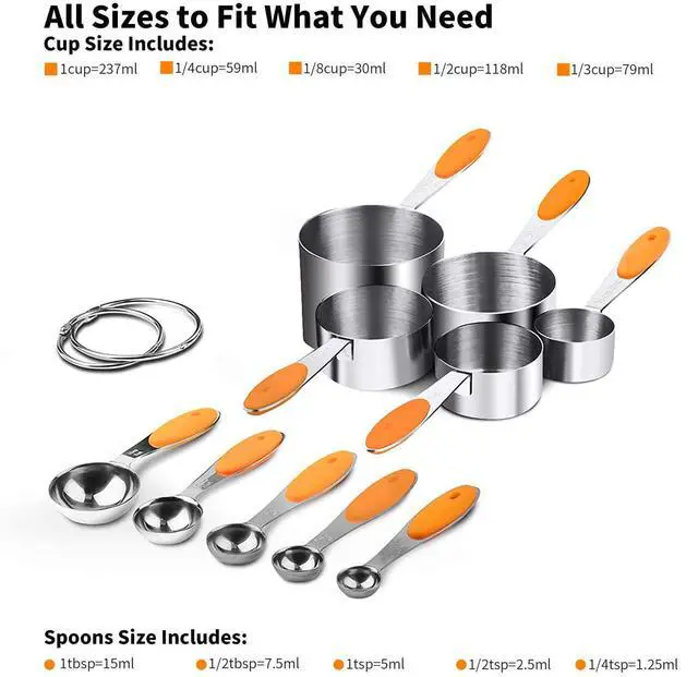 Alt view image 2 of 7 - SEEK42 Measuring Spoons and Cups Set of 10 Pieces, Stainless Steel Measuring Utensils with BPA-Free Silicone Grips,Metal Scale Tools for Kitchen Cooking Baking, Dishwasher-Safe (Orange)