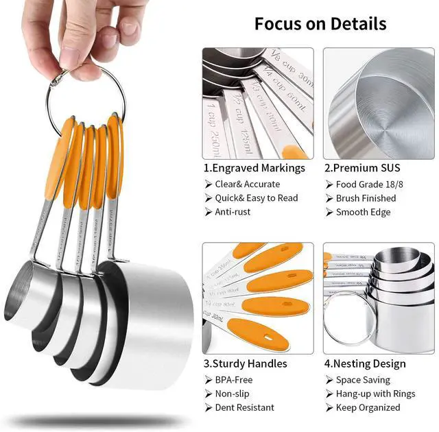 Alt view image 3 of 7 - SEEK42 Measuring Spoons and Cups Set of 10 Pieces, Stainless Steel Measuring Utensils with BPA-Free Silicone Grips,Metal Scale Tools for Kitchen Cooking Baking, Dishwasher-Safe (Orange)