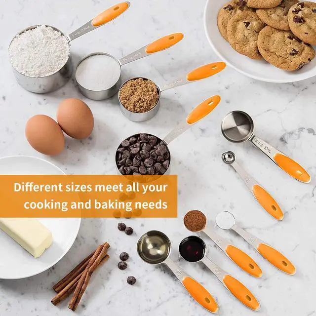Alt view image 7 of 7 - SEEK42 Measuring Spoons and Cups Set of 10 Pieces, Stainless Steel Measuring Utensils with BPA-Free Silicone Grips,Metal Scale Tools for Kitchen Cooking Baking, Dishwasher-Safe (Orange)