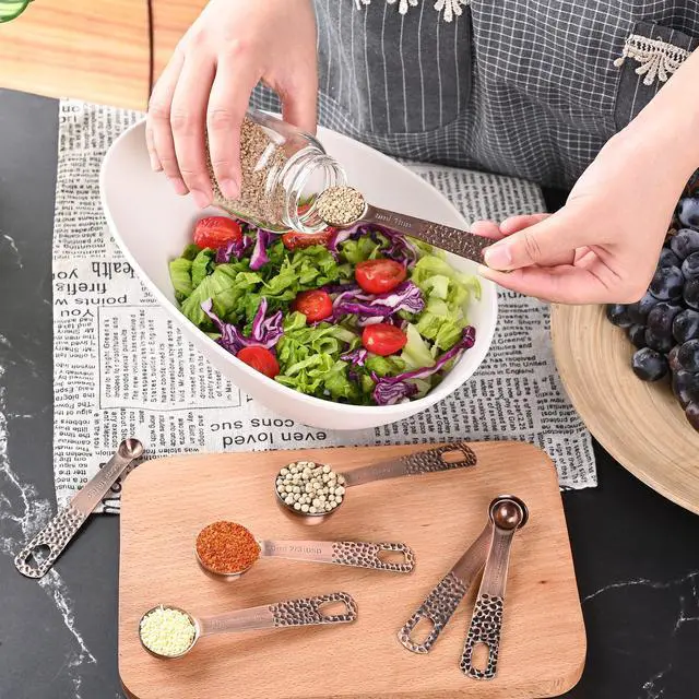 Alt view image 6 of 7 - Measuring Spoons Set, Copper Measuring Spoons Set, Stainless Steel Measuring Spoons, Copper Plated Measuring Spoons, 6 Measurer Spoons (Copper-6spoons+1ring)