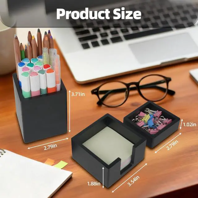Alt view image 2 of 6 - 3 PCS Black Wooden Desk Organizer Set Pine Wood Office Desk Accessories with Pen Holder, Paperclip Storage and Sticky Note Holder, Wood Grain Clear, Ideal Gift for Office and Family (Black)