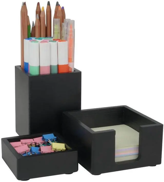 Main image of 3 PCS Black Wooden Desk Organizer Set Pine Wood Office Desk Accessories with Pen Holder, Paperclip Storage and Sticky Note Holder, Wood Grain Clear, Ideal Gift for Office and Family (Black)