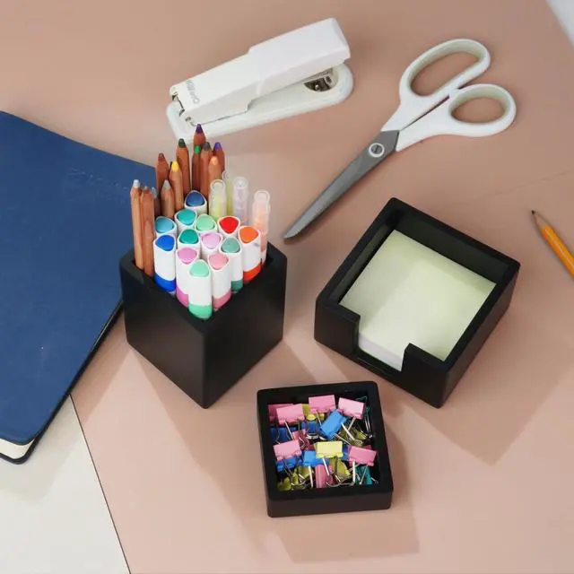 Alt view image 3 of 6 - 3 PCS Black Wooden Desk Organizer Set Pine Wood Office Desk Accessories with Pen Holder, Paperclip Storage and Sticky Note Holder, Wood Grain Clear, Ideal Gift for Office and Family (Black)