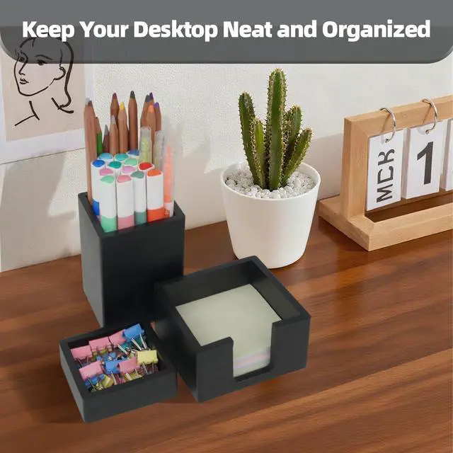 Alt view image 6 of 6 - 3 PCS Black Wooden Desk Organizer Set Pine Wood Office Desk Accessories with Pen Holder, Paperclip Storage and Sticky Note Holder, Wood Grain Clear, Ideal Gift for Office and Family (Black)