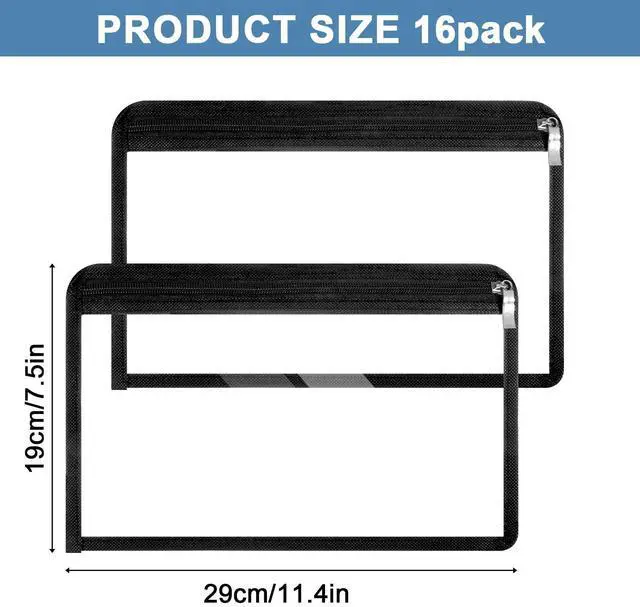 Alt view image 2 of 7 - 16 Pieces Clear Zipper Pouches Pencil Pouches PVC Makeup Pouch Envelopes Folder Storage Multi Purpose Pouch Document File Organization Bags, Office Supplies (Black Edging, 11.5 x 7.5 Inches)