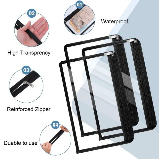 Alt view image 3 of 7 - 16 Pieces Clear Zipper Pouches Pencil Pouches PVC Makeup Pouch Envelopes Folder Storage Multi Purpose Pouch Document File Organization Bags, Office Supplies (Black Edging, 11.5 x 7.5 Inches)