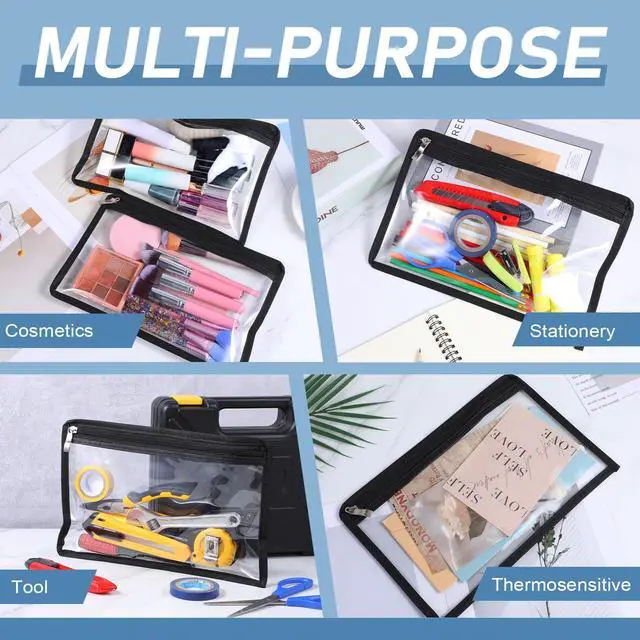 Alt view image 5 of 7 - 16 Pieces Clear Zipper Pouches Pencil Pouches PVC Makeup Pouch Envelopes Folder Storage Multi Purpose Pouch Document File Organization Bags, Office Supplies (Black Edging, 11.5 x 7.5 Inches)