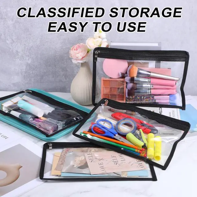 Alt view image 7 of 7 - 16 Pieces Clear Zipper Pouches Pencil Pouches PVC Makeup Pouch Envelopes Folder Storage Multi Purpose Pouch Document File Organization Bags, Office Supplies (Black Edging, 11.5 x 7.5 Inches)