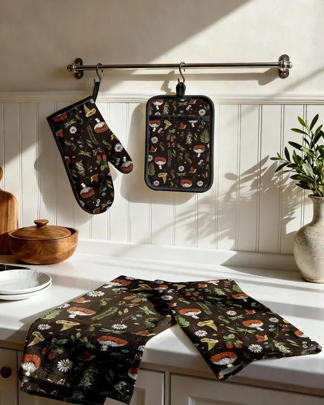 Alt view image 2 of 6 - 270 GSM Cotton Kitchen Towels, Oven Mitt and Pot Holder - 4 Pack Kitchen Decor and Accessories Set Cute Farmhouse Boho Quilted Lining Heat Resistant Set with Hanging Loop, Black Mushroom