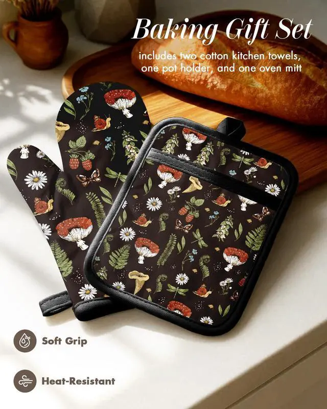 Alt view image 3 of 6 - 270 GSM Cotton Kitchen Towels, Oven Mitt and Pot Holder - 4 Pack Kitchen Decor and Accessories Set Cute Farmhouse Boho Quilted Lining Heat Resistant Set with Hanging Loop, Black Mushroom