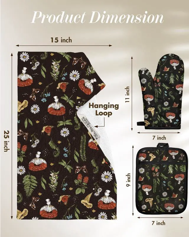 Alt view image 5 of 6 - 270 GSM Cotton Kitchen Towels, Oven Mitt and Pot Holder - 4 Pack Kitchen Decor and Accessories Set Cute Farmhouse Boho Quilted Lining Heat Resistant Set with Hanging Loop, Black Mushroom