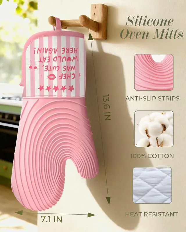 Alt view image 2 of 6 - Long Silicone Oven Mitts Heat Resistant for Women - 2 Pcs Chef 100% Cotton Oven Gloves, Non-Slip and Waterproof Silicone Oven Mitts with Hanger for Baking and Cooking