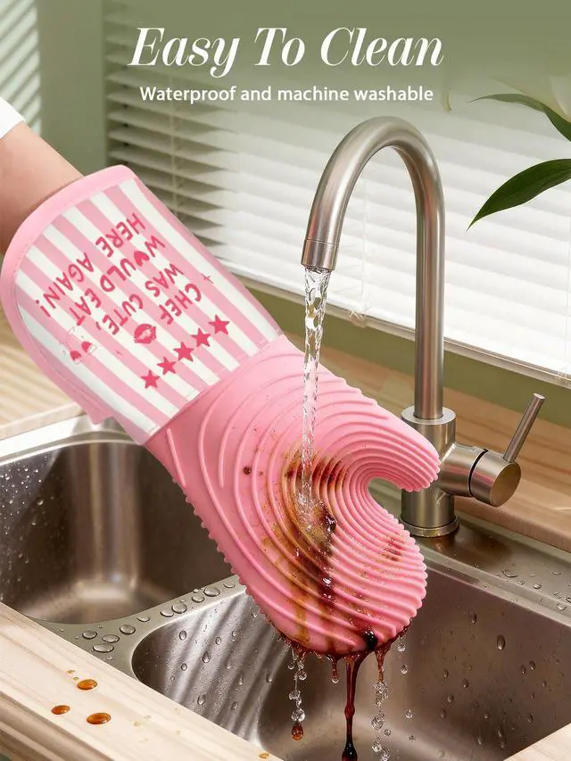Alt view image 4 of 6 - Long Silicone Oven Mitts Heat Resistant for Women - 2 Pcs Chef 100% Cotton Oven Gloves, Non-Slip and Waterproof Silicone Oven Mitts with Hanger for Baking and Cooking