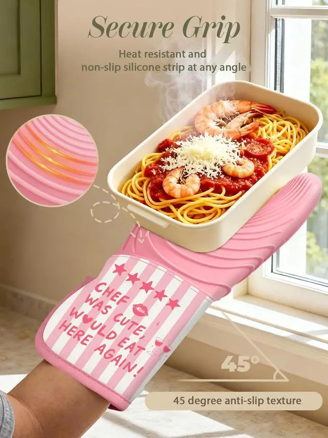 Alt view image 3 of 6 - Long Silicone Oven Mitts Heat Resistant for Women - 2 Pcs Chef 100% Cotton Oven Gloves, Non-Slip and Waterproof Silicone Oven Mitts with Hanger for Baking and Cooking