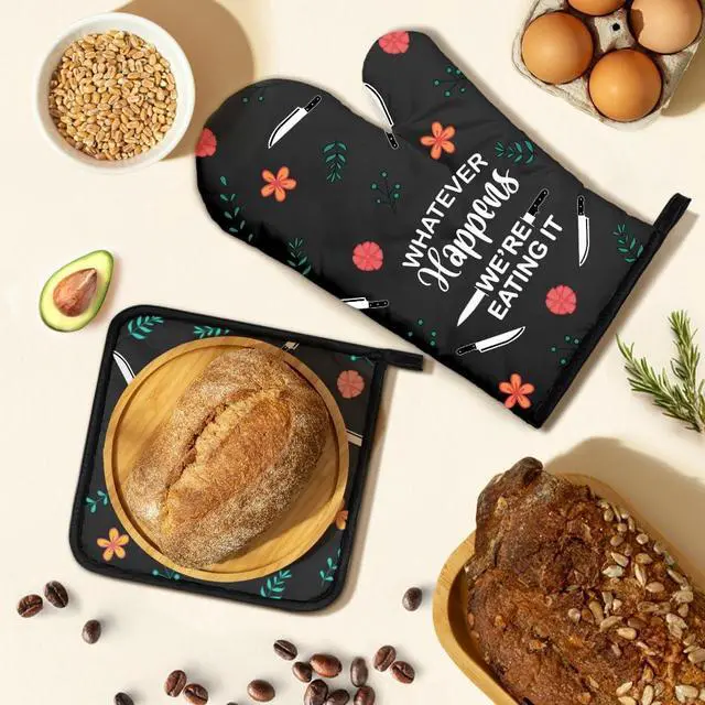 Alt view image 5 of 6 - Whatever Happens We Are Eating It Oven Mitts And Pot Holders Sets, Funny Oven Mitts for Men Women, Hostess Gifts for Chef Mom, Housewarming Present for Baker, Baking Gifts for Cooking Enthusiast
