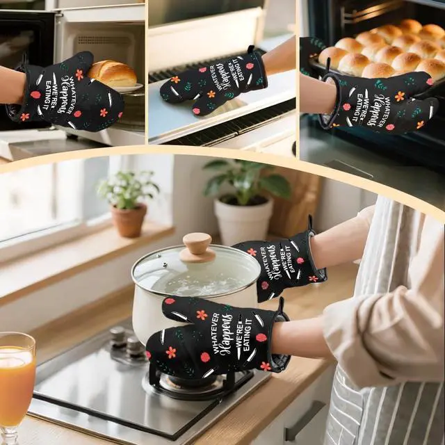 Alt view image 6 of 6 - Whatever Happens We Are Eating It Oven Mitts And Pot Holders Sets, Funny Oven Mitts for Men Women, Hostess Gifts for Chef Mom, Housewarming Present for Baker, Baking Gifts for Cooking Enthusiast