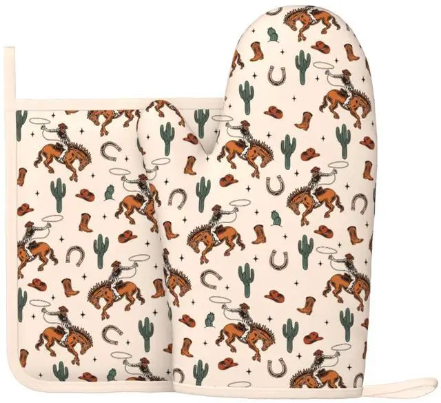 Main image of Western Cactus Cowboy Boho Silicone Oven Mitts Pan Mats Set of 2, Heat Resistant Gloves Potholder with Non-Slip Grips Hanging Loops Pot Holder, Spring Summer for Chef Cooking, Baking, Grilling, BBQ