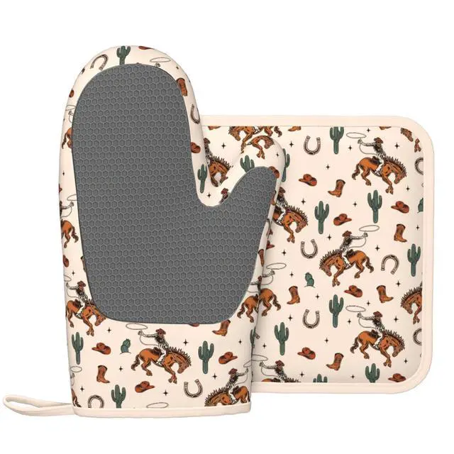 Alt view image 2 of 7 - Western Cactus Cowboy Boho Silicone Oven Mitts Pan Mats Set of 2, Heat Resistant Gloves Potholder with Non-Slip Grips Hanging Loops Pot Holder, Spring Summer for Chef Cooking, Baking, Grilling, BBQ