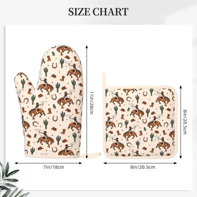 Alt view image 3 of 7 - Western Cactus Cowboy Boho Silicone Oven Mitts Pan Mats Set of 2, Heat Resistant Gloves Potholder with Non-Slip Grips Hanging Loops Pot Holder, Spring Summer for Chef Cooking, Baking, Grilling, BBQ