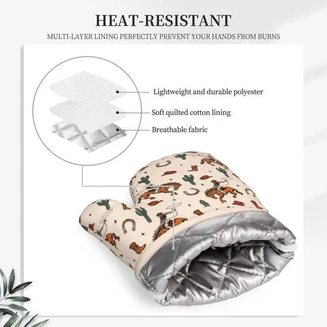 Alt view image 4 of 7 - Western Cactus Cowboy Boho Silicone Oven Mitts Pan Mats Set of 2, Heat Resistant Gloves Potholder with Non-Slip Grips Hanging Loops Pot Holder, Spring Summer for Chef Cooking, Baking, Grilling, BBQ