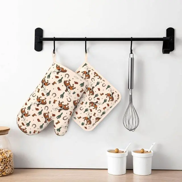 Alt view image 6 of 7 - Western Cactus Cowboy Boho Silicone Oven Mitts Pan Mats Set of 2, Heat Resistant Gloves Potholder with Non-Slip Grips Hanging Loops Pot Holder, Spring Summer for Chef Cooking, Baking, Grilling, BBQ