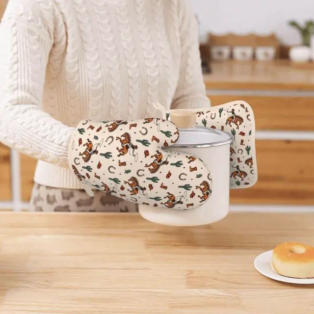 Alt view image 7 of 7 - Western Cactus Cowboy Boho Silicone Oven Mitts Pan Mats Set of 2, Heat Resistant Gloves Potholder with Non-Slip Grips Hanging Loops Pot Holder, Spring Summer for Chef Cooking, Baking, Grilling, BBQ
