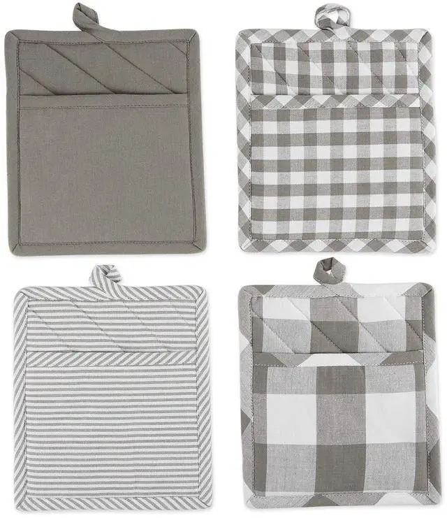 Main image of Gingham Check Kitchen Collection, Gray, Potholder Set