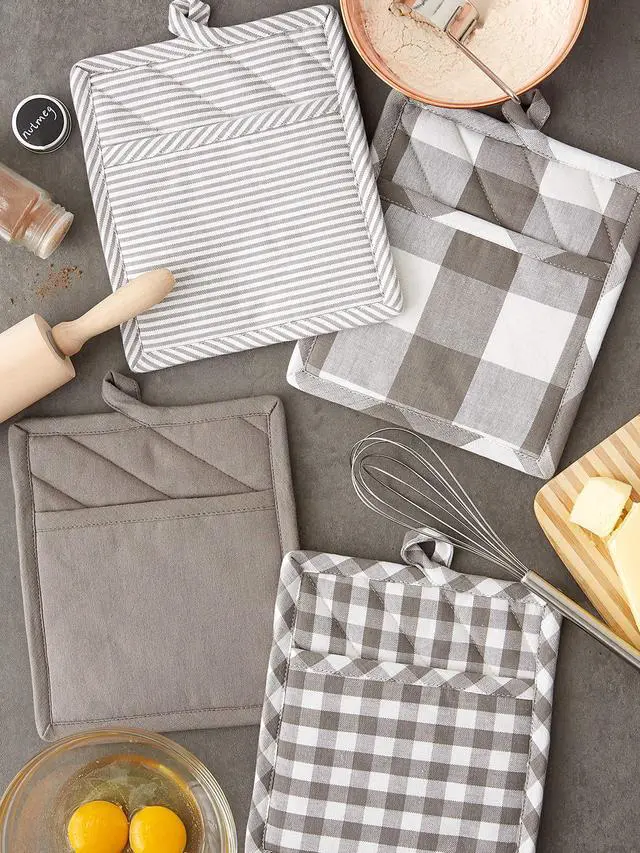 Alt view image 6 of 7 - Gingham Check Kitchen Collection, Gray, Potholder Set