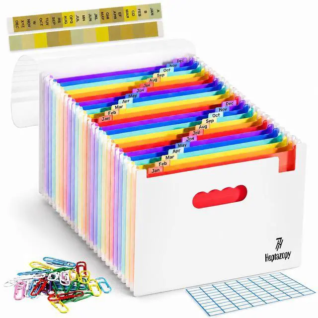 Main image of Plastic Accordion File Organizer, 26 Pockets Expandable File Folder Organizer, A4 Letter Size Filing Organizer with Colorful Tabs, Elastic Cord, 60 Paper Clip, Label & Stickers for Office School Home