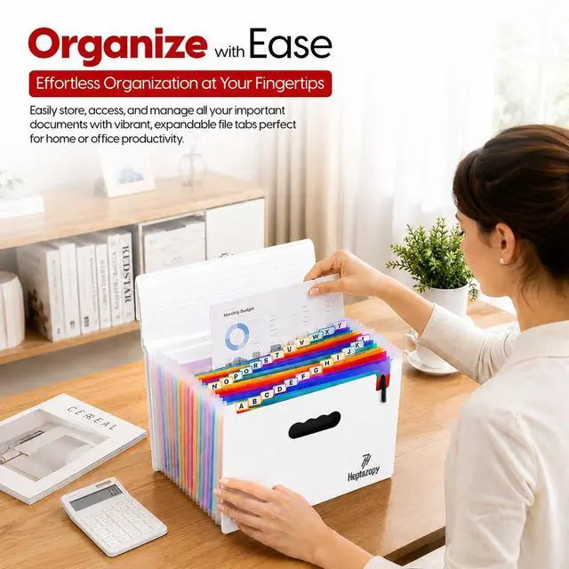 Alt view image 6 of 7 - Plastic Accordion File Organizer, 26 Pockets Expandable File Folder Organizer, A4 Letter Size Filing Organizer with Colorful Tabs, Elastic Cord, 60 Paper Clip, Label & Stickers for Office School Home