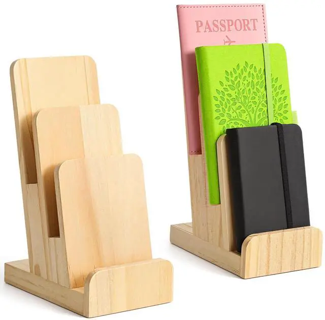 Main image of 2 Pcs 3-Tier Pine Wood Pamphlet Display Stand, 3 x 4 x 10 Inch Pine Wood Literature Holder Wooden Trifold Flyer Display Stand for Menu, Magazine, Pamphlet, Booklets