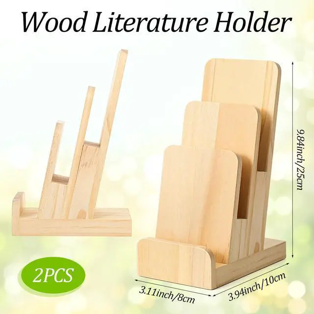 Alt view image 3 of 7 - 2 Pcs 3-Tier Pine Wood Pamphlet Display Stand, 3 x 4 x 10 Inch Pine Wood Literature Holder Wooden Trifold Flyer Display Stand for Menu, Magazine, Pamphlet, Booklets