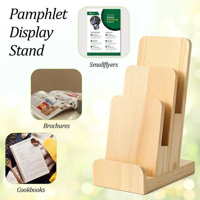 Alt view image 6 of 7 - 2 Pcs 3-Tier Pine Wood Pamphlet Display Stand, 3 x 4 x 10 Inch Pine Wood Literature Holder Wooden Trifold Flyer Display Stand for Menu, Magazine, Pamphlet, Booklets