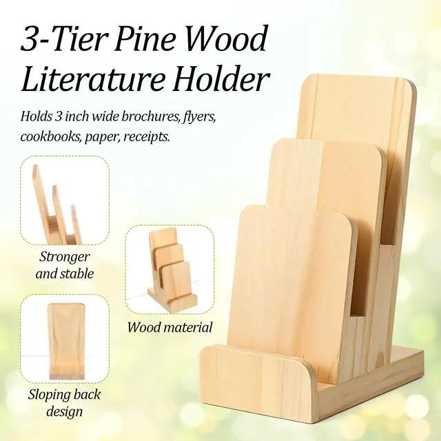 Alt view image 5 of 7 - 2 Pcs 3-Tier Pine Wood Pamphlet Display Stand, 3 x 4 x 10 Inch Pine Wood Literature Holder Wooden Trifold Flyer Display Stand for Menu, Magazine, Pamphlet, Booklets
