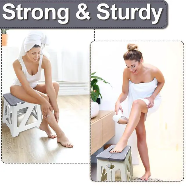 Alt view image 4 of 7 - Shower Stool for Shaving Legs, 1 Pack Foot Rest Folding Stool Step to Shave Legs Shaving for Inside Shower Foldable Small Waterproof Plastic Corner Gray White