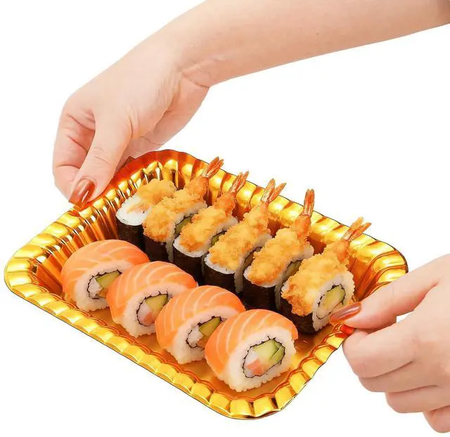 Alt view image 5 of 7 - 100Pcs Disposable Food Tray, 7.5x5.5 Gold Appetizer Platter
