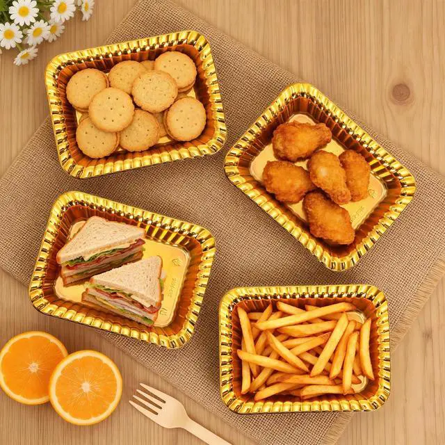 Alt view image 6 of 7 - 100Pcs Disposable Food Tray, 7.5x5.5 Gold Appetizer Platter