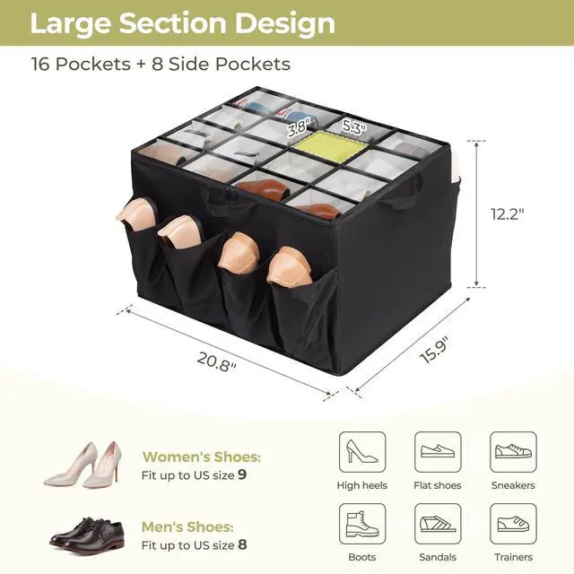 Alt view image 2 of 7 - Shoe Organizer for Closet, Shoe Storage Solution with Clear Cover & Adjustable Dividers, Fabric Shoe Box Fits 16 +8 Pairs Shoes, Black, 2-Pack